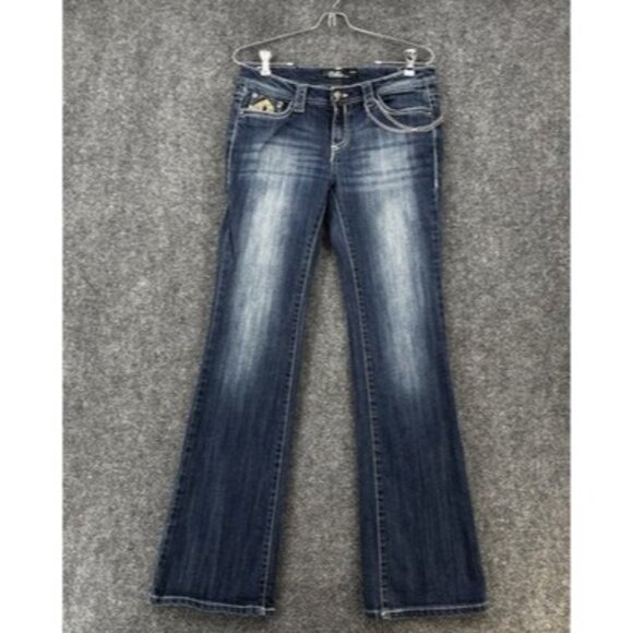 Cello Low Rise Boot Cut Jeans Embroidered Embellished Juniors 9 Y2K Distressed - Picture 1 of 16